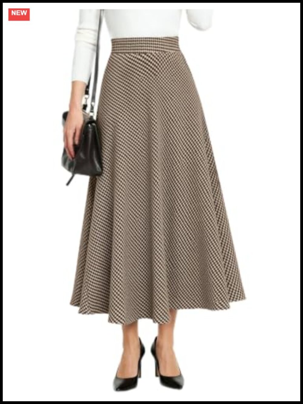 Plaid A-Line Midi Skirt High Waisted Elastic Waist with Pockets